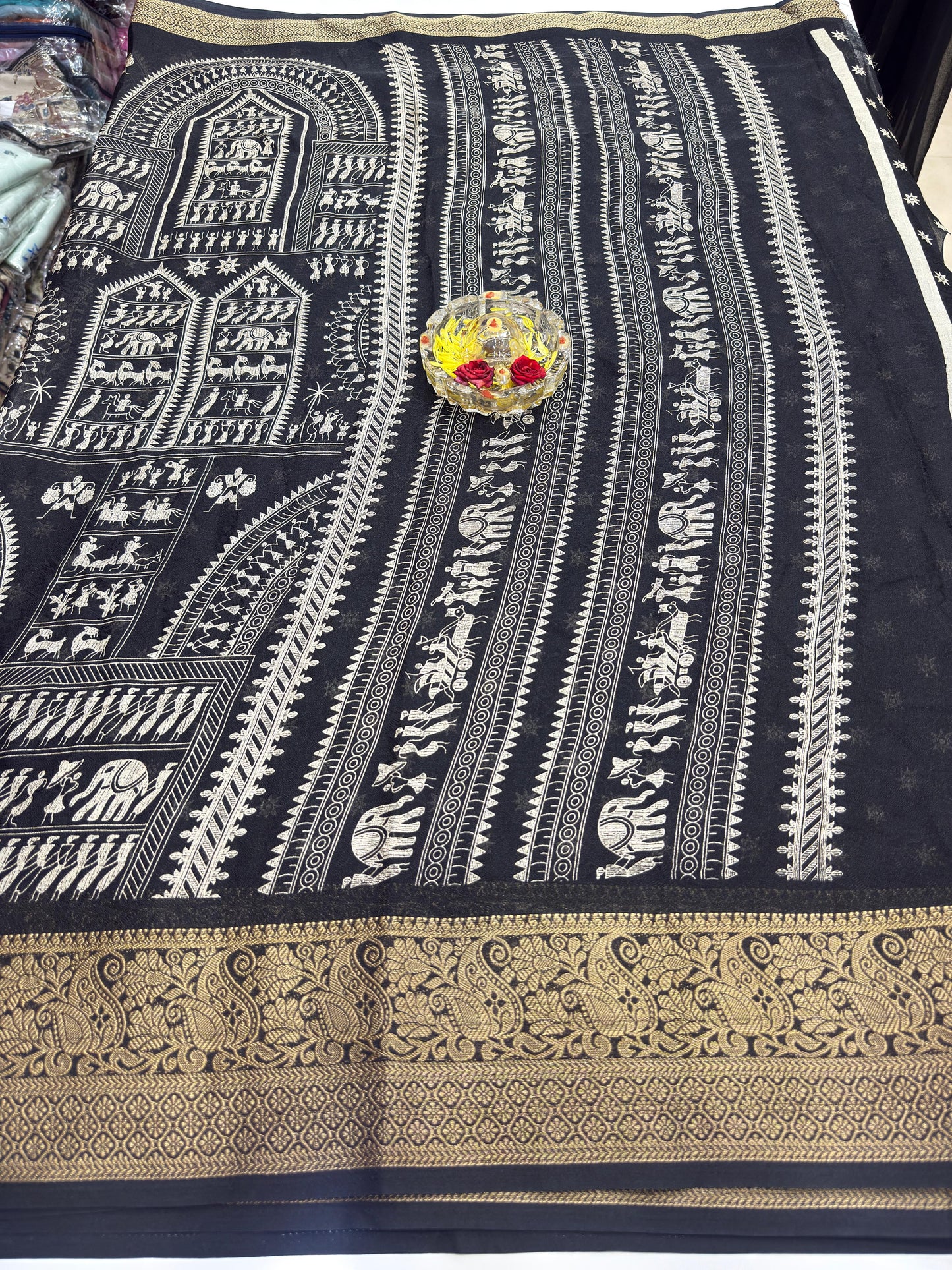 Silk Blend Saree for Women with Temple and Folk Motif Border Traditional Design