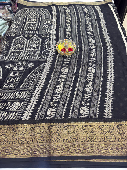 Silk Blend Saree for Women with Temple and Folk Motif Border Traditional Design