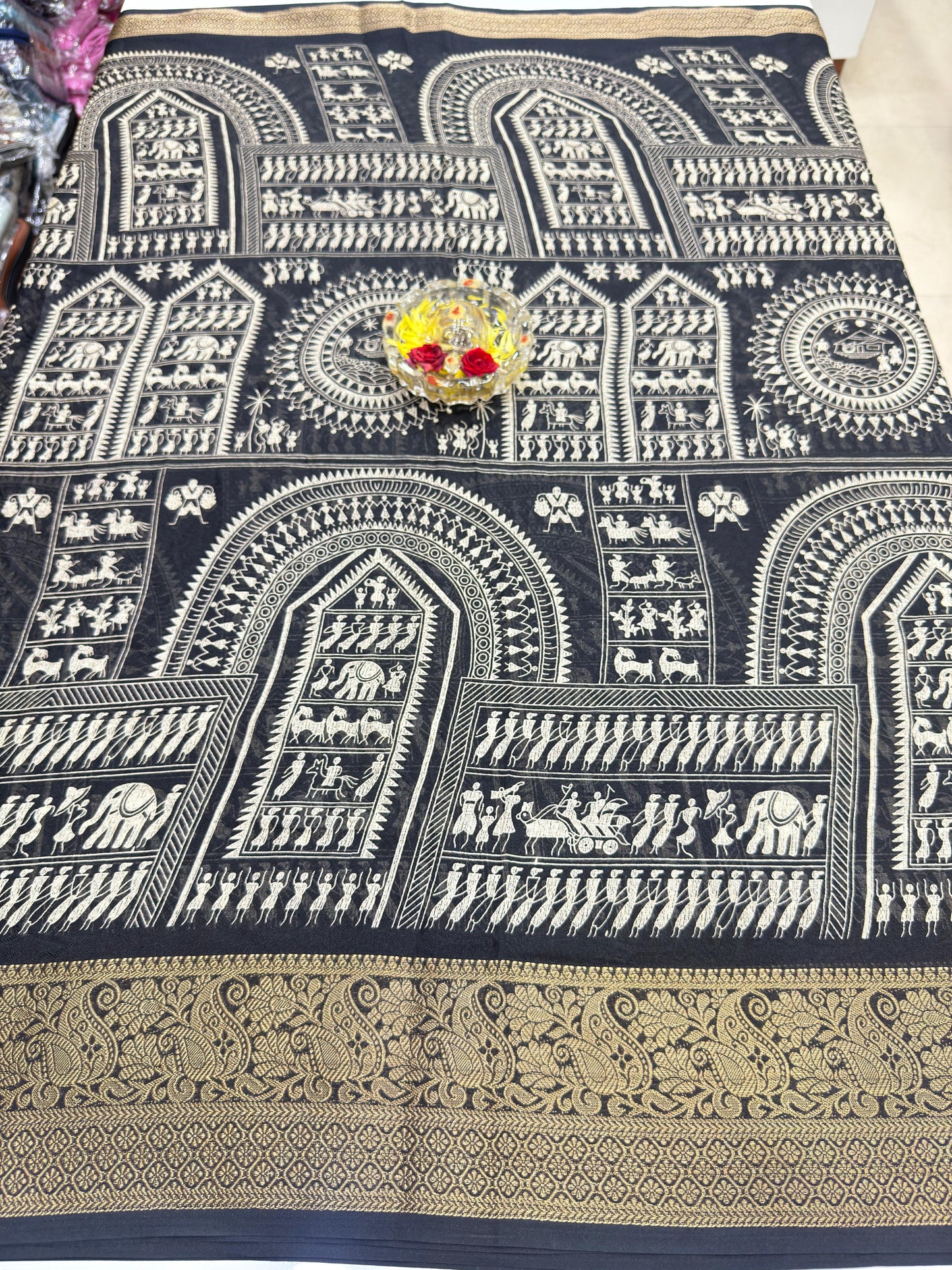 Silk Blend Saree for Women with Temple and Folk Motif Border Traditional Design