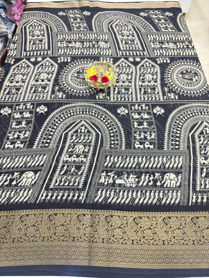 Silk Blend Saree for Women with Temple and Folk Motif Border Traditional Design