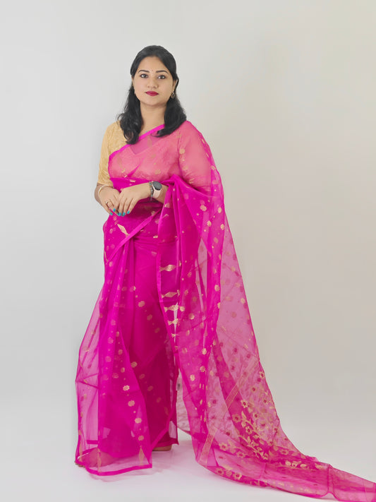 Handwoven Muslin Jamdani Saree with Traditional Weaving and Blouse Piece for Women