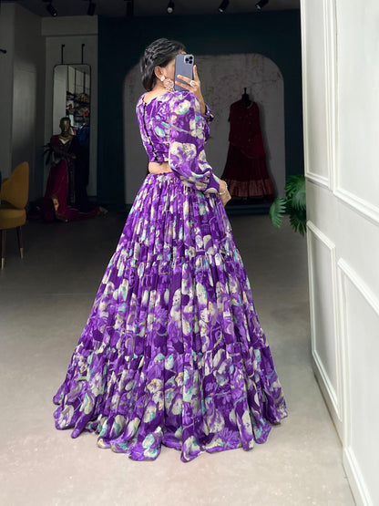 Georgette Chex Floral Print Co-ord Set with Lehenga and Blouse for Women – Stitched