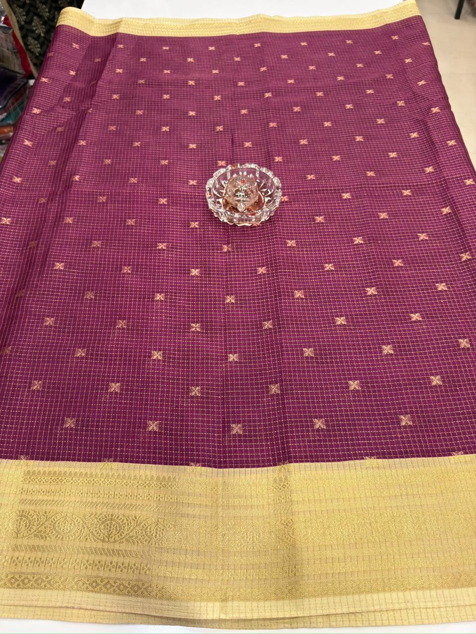 Munga pattu silk blend saree with small buti checks and zari border, women’s festive wear saree