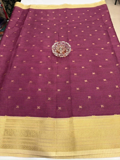 Munga pattu silk blend saree with small buti checks and zari border, women’s festive wear saree
