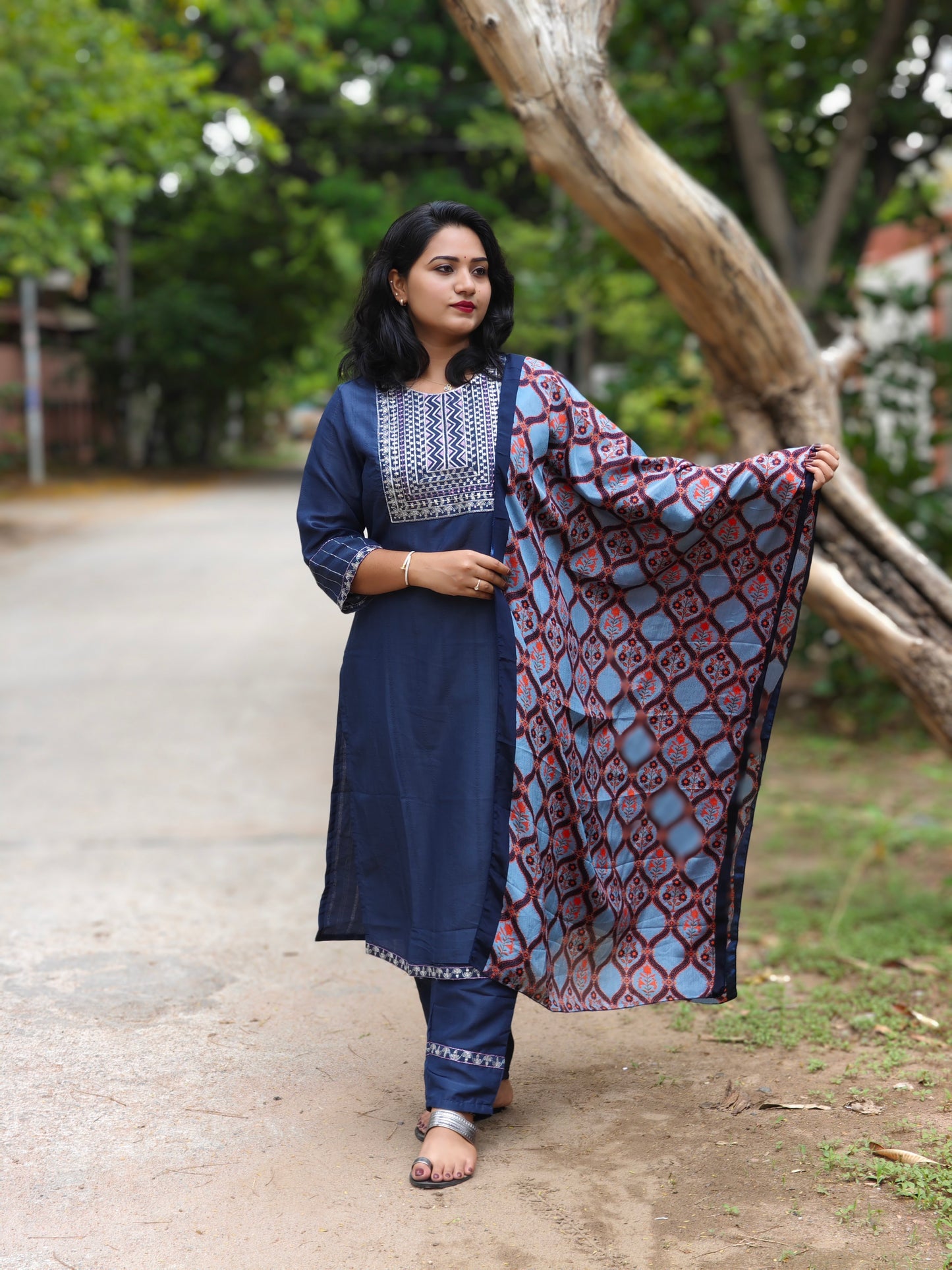 Chinon Cotton Embroidered Kurta Pant Dupatta Set for Women with Silk Blend Dupatta – Sizes S to XXL