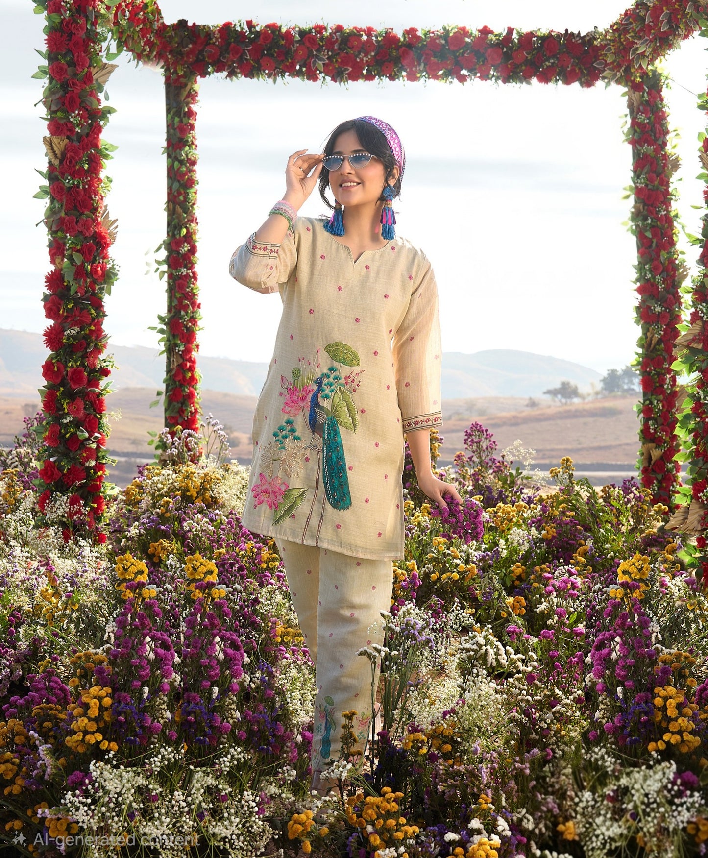 Linen Pure co ord set for women with cotton lining and knot work detailing, top and pant set L to 2XL