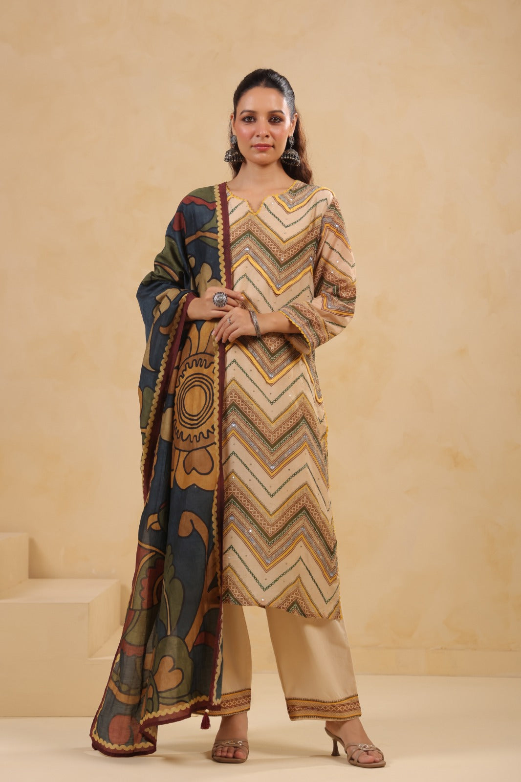 Mul Chanderi Kurti Pant Dupatta Set with Dori and Sequin Handwork for Women