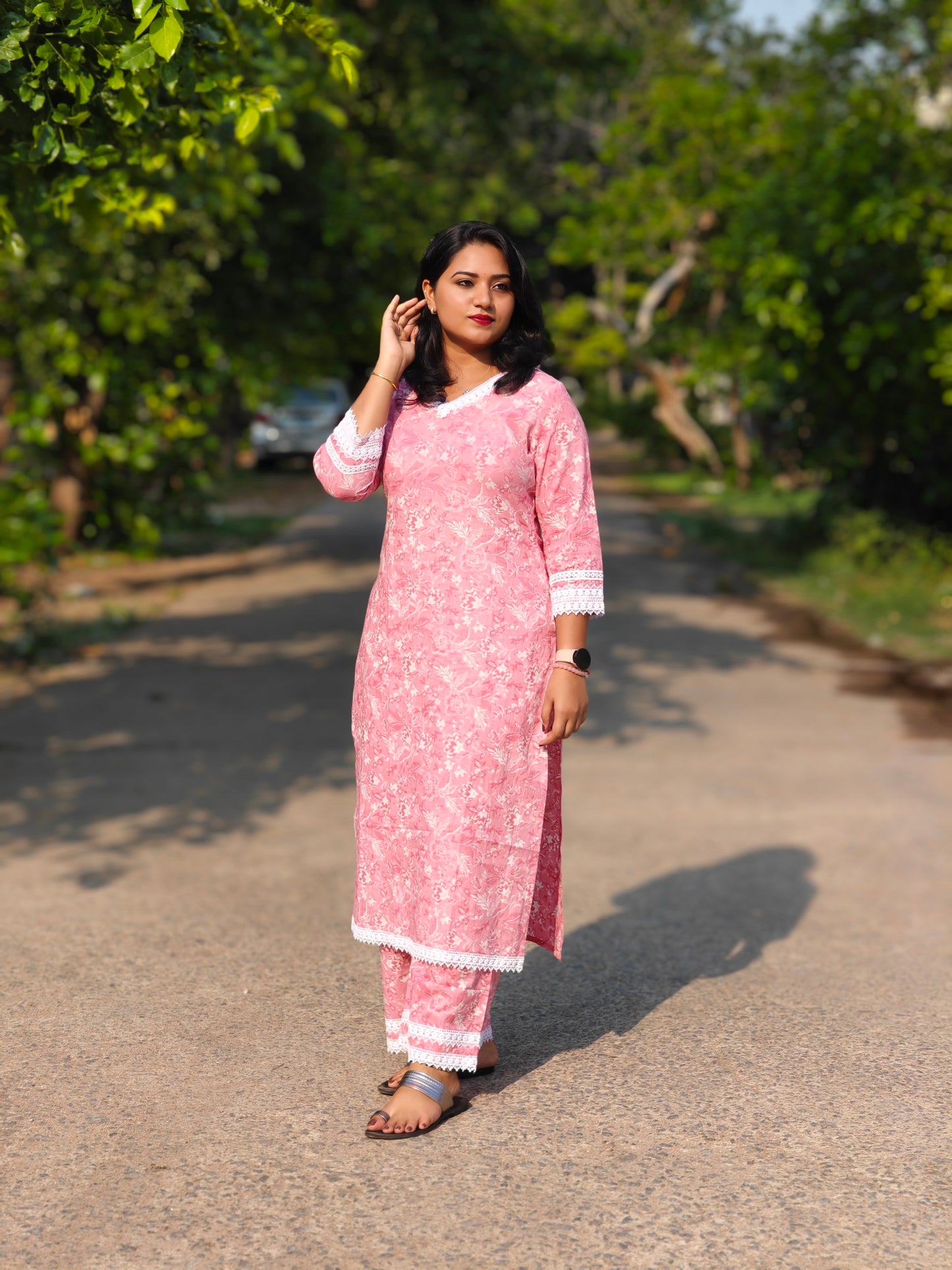Pink Cotton Floral Print Kurta with Pant Set for Women – Regular Fit Daily Wear