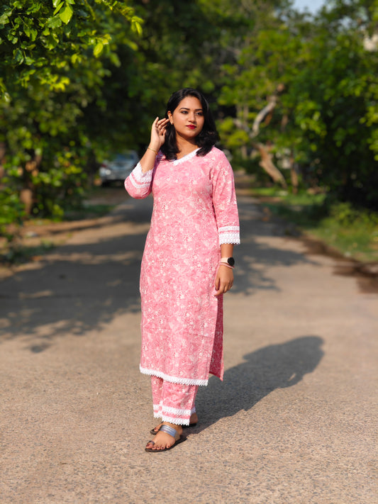 Pink Cotton Floral Print Kurta with Pant Set for Women – Regular Fit Daily Wear