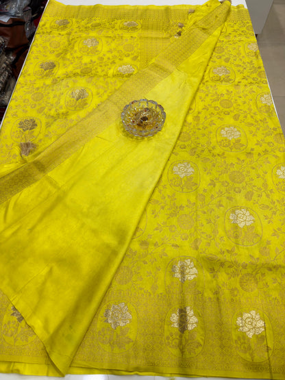 Soft Dola Silk Meenakari Woven Saree with Rich Pallu, Zari Floral Border and Tassels for Women