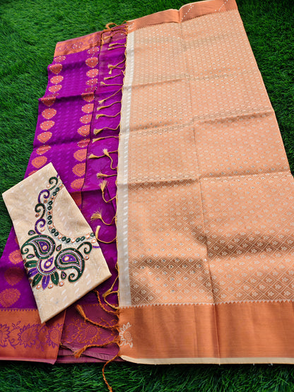 Soft Silk Saree with Cutwork and Stone Embellishments for Women