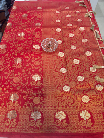 Soft Dola Silk Meenakari Woven Saree with Rich Pallu, Zari Floral Border and Tassels for Women