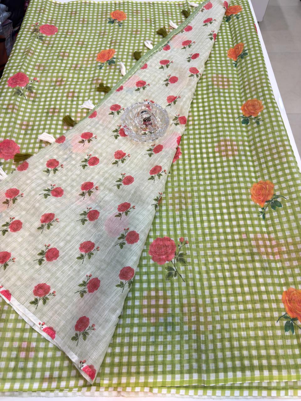Linen Checks Printed Saree with Rose Floral Design and Matching Blouse for Women