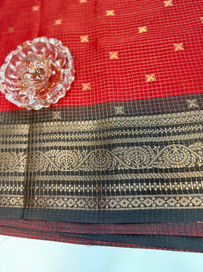 Munga pattu silk blend saree with small buti checks and zari border, women’s festive wear saree