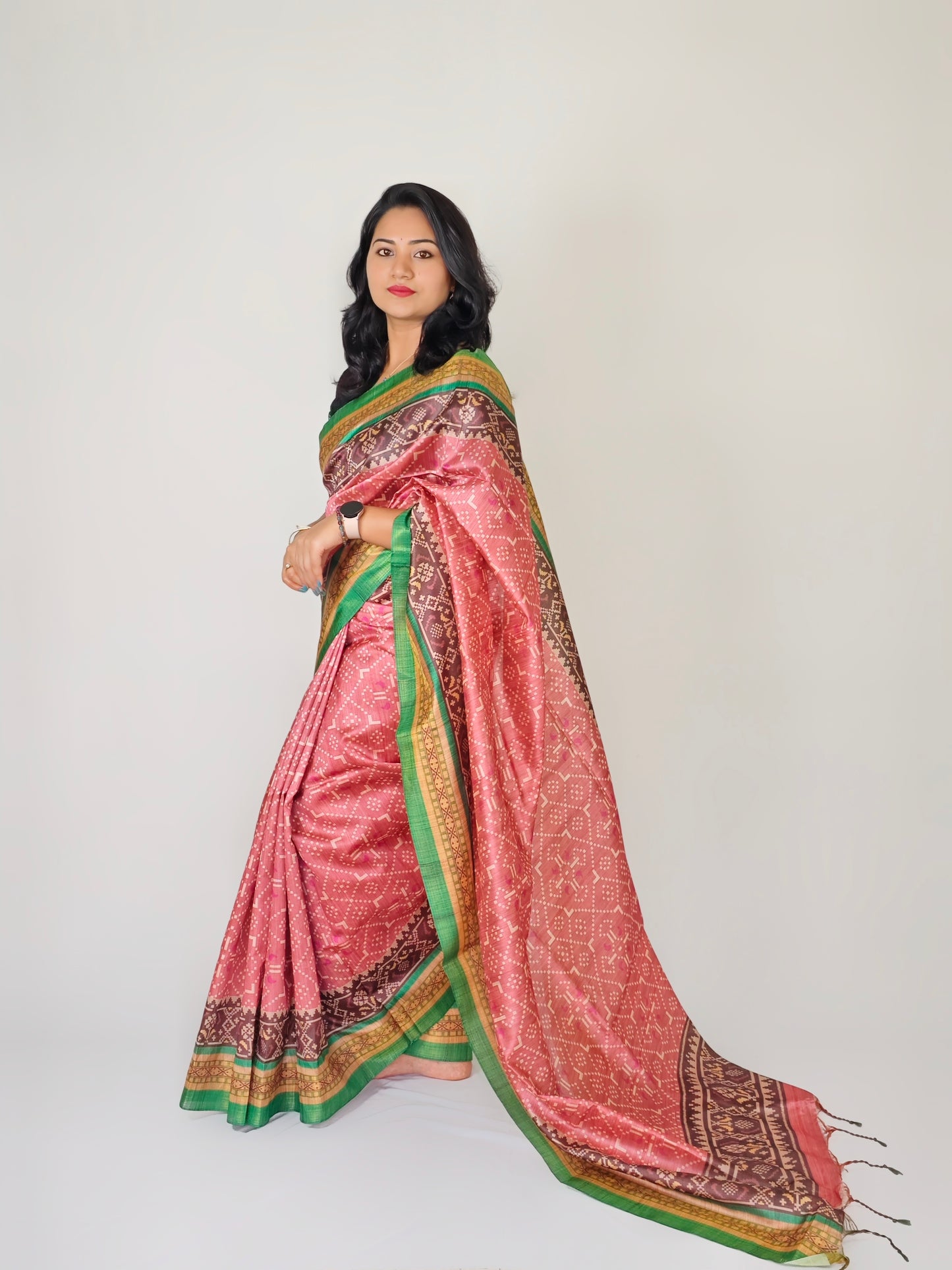 Soft Raw Silk Ikat Print Saree with Tassel Border and Contrast Blouse Piece