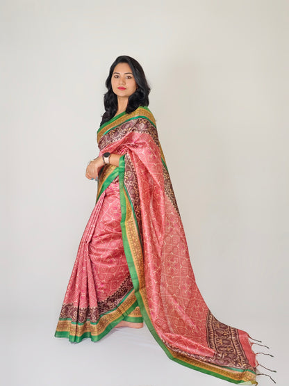 Soft Raw Silk Ikat Print Saree with Tassel Border and Contrast Blouse Piece