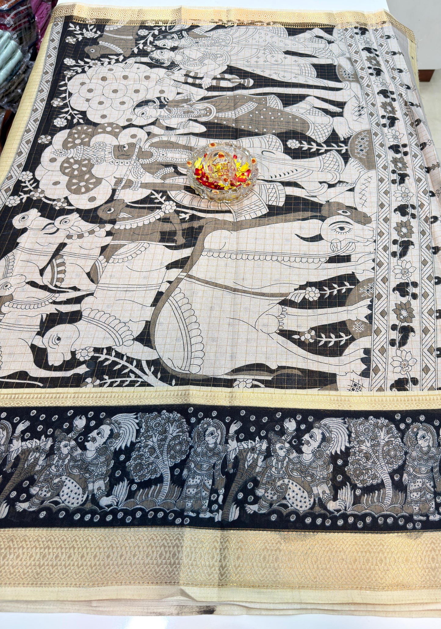 Semi Mysore Georgette Blend Saree for Women with Woven Border and Traditional Printed Design