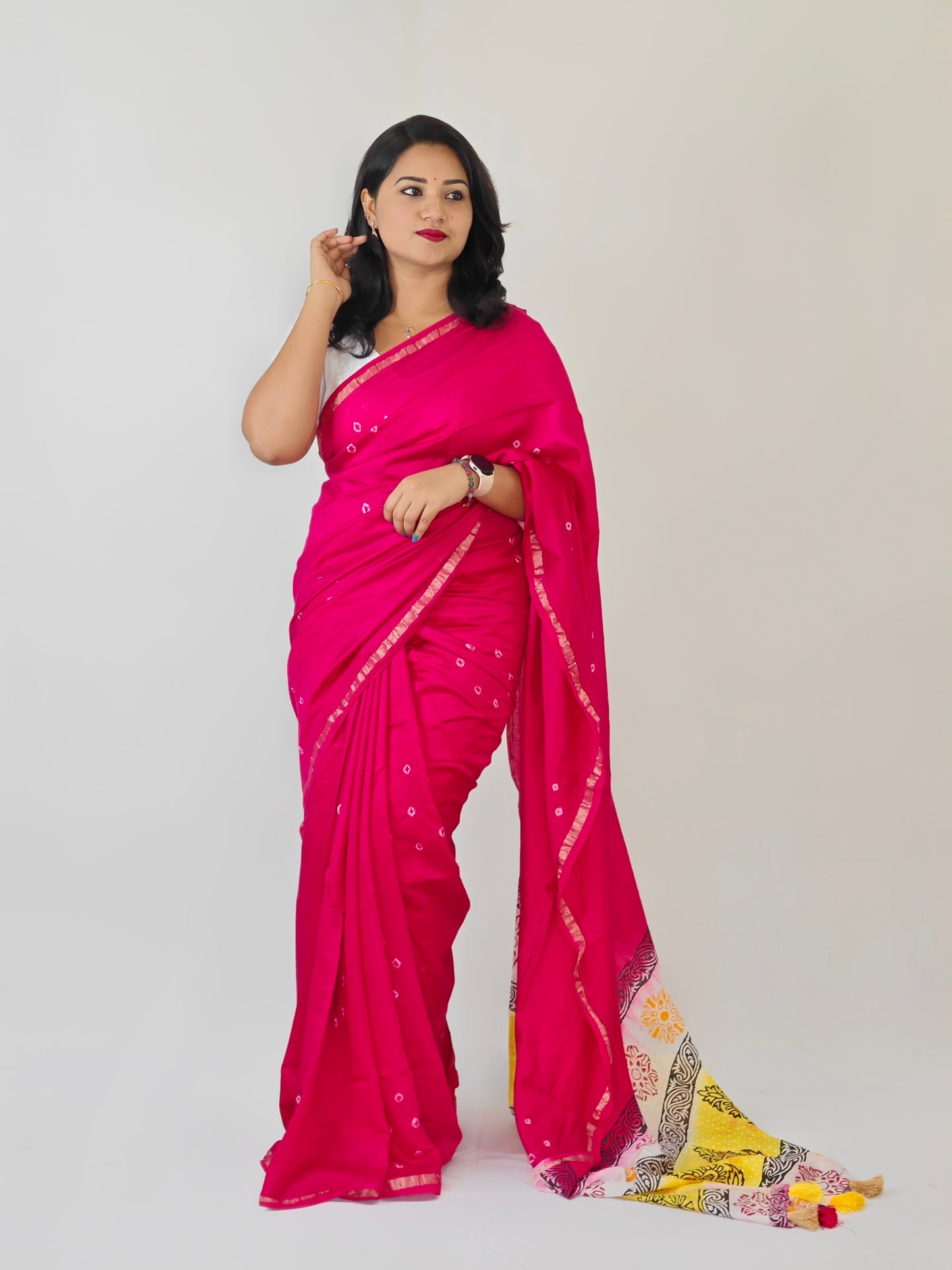 Chanderi Cotton Saree with Hand-Tied Bandhani and Block Printed Pallu – Festive Wear for Women