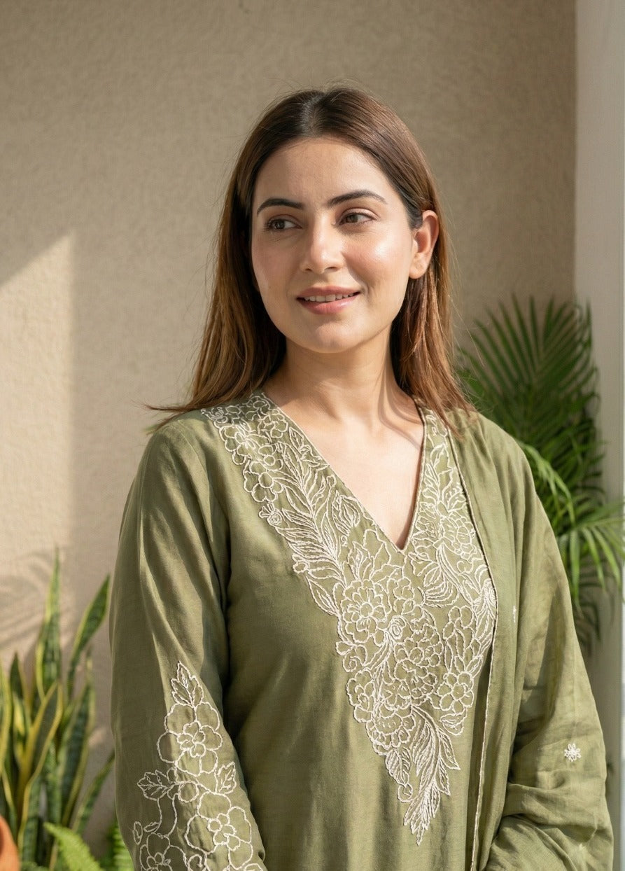 Embroidered Roman Silk Kurta Pant Dupatta Set for Women with Lining, Olive Green Straight Ethnic Suit Set