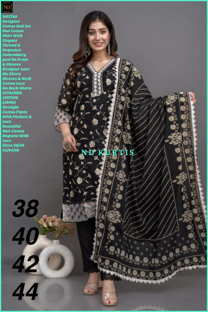 Elegant Black Mul Cotton Designer Suit Set with Intricate Lace and Embroidery
