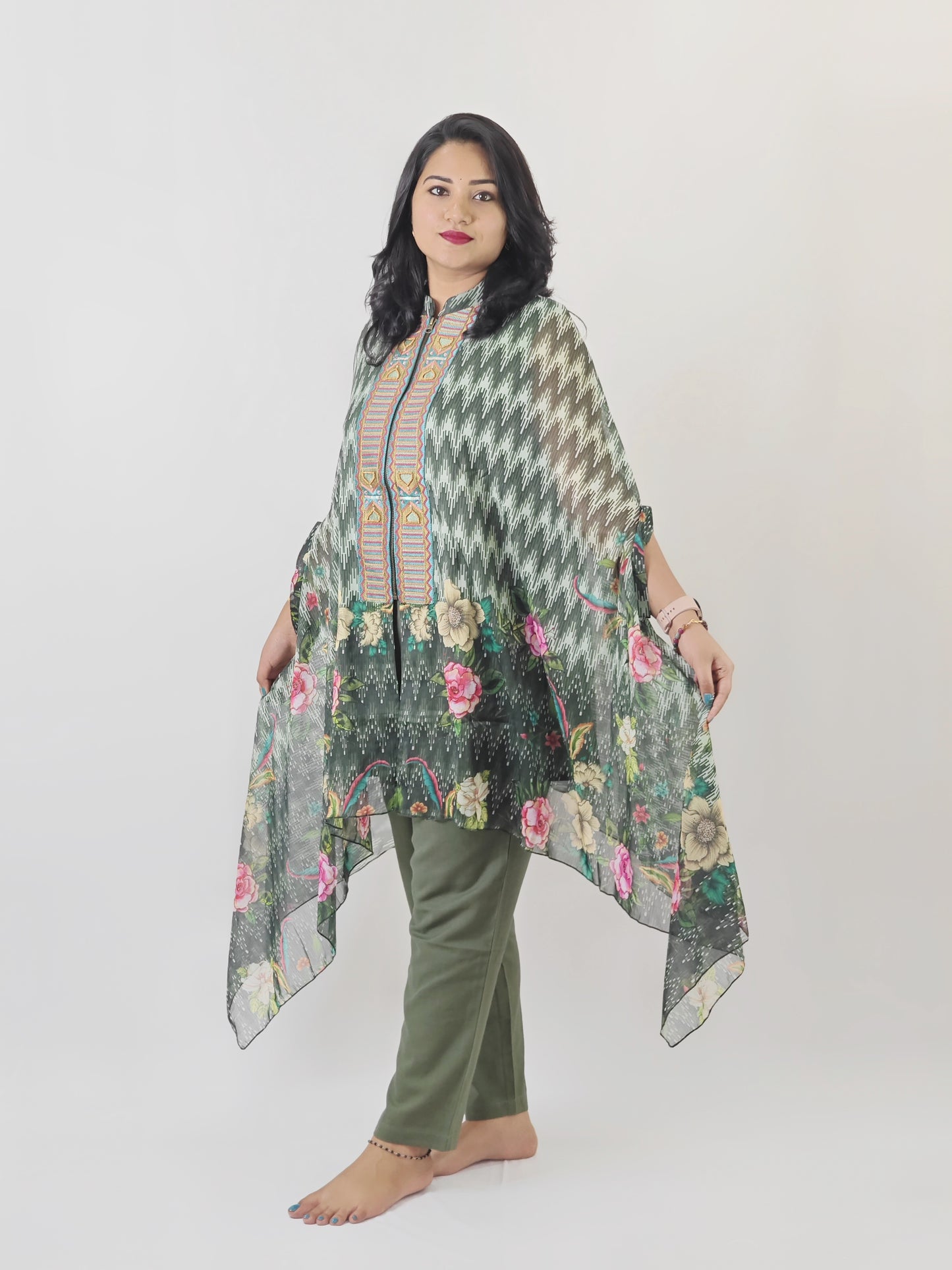 Designer Cape Style Embroidered Viscose Chiffon Top with Linen Cotton Bottom for Women | L to 2XL