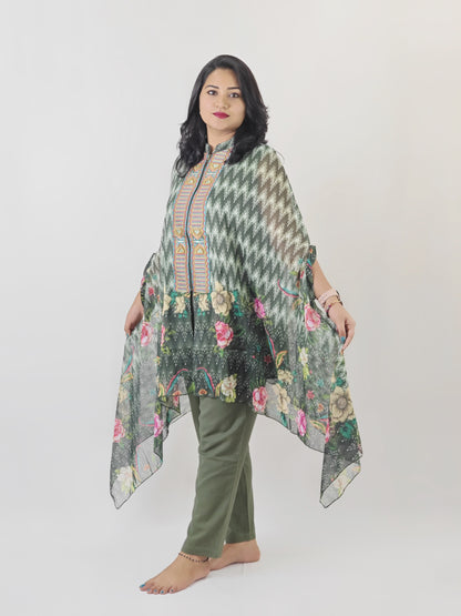 Designer Cape Style Embroidered Viscose Chiffon Top with Linen Cotton Bottom for Women | L to 2XL
