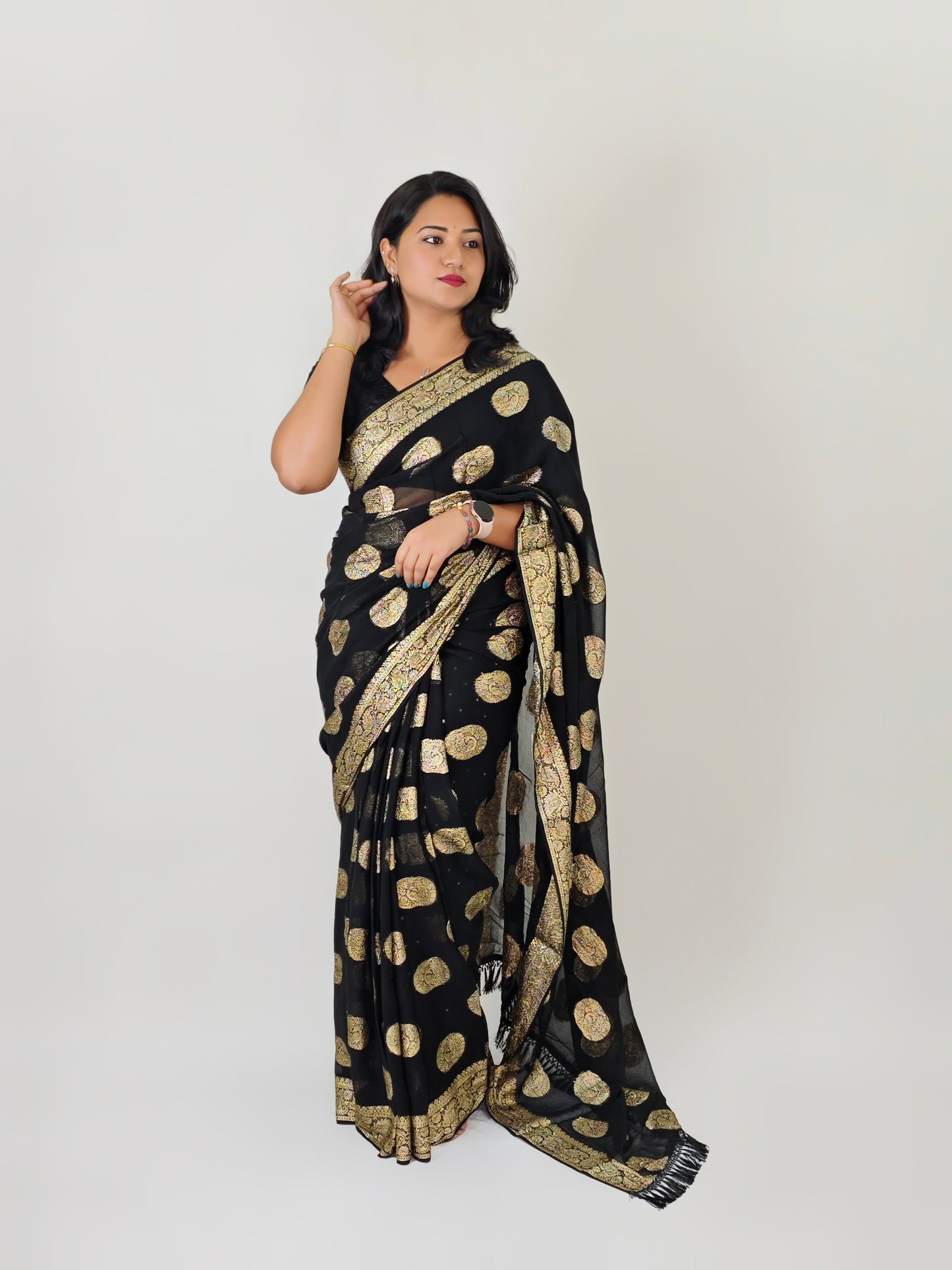 Women’s Pure Viscose Georgette Saree with Gold Zari Weaving, Zalar Pallu and Foil Mirror Work Blouse