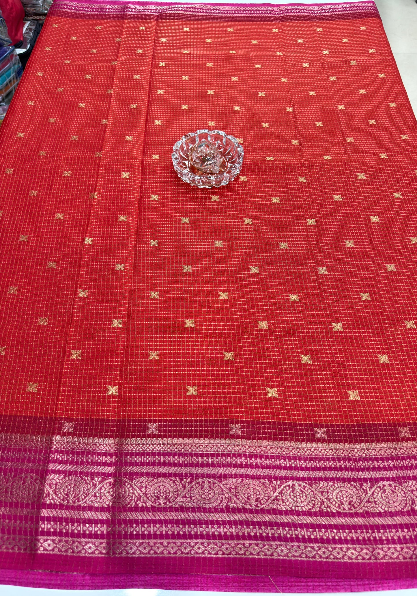 Munga pattu silk blend saree with small buti checks and zari border, women’s festive wear saree