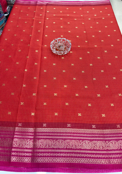Munga pattu silk blend saree with small buti checks and zari border, women’s festive wear saree