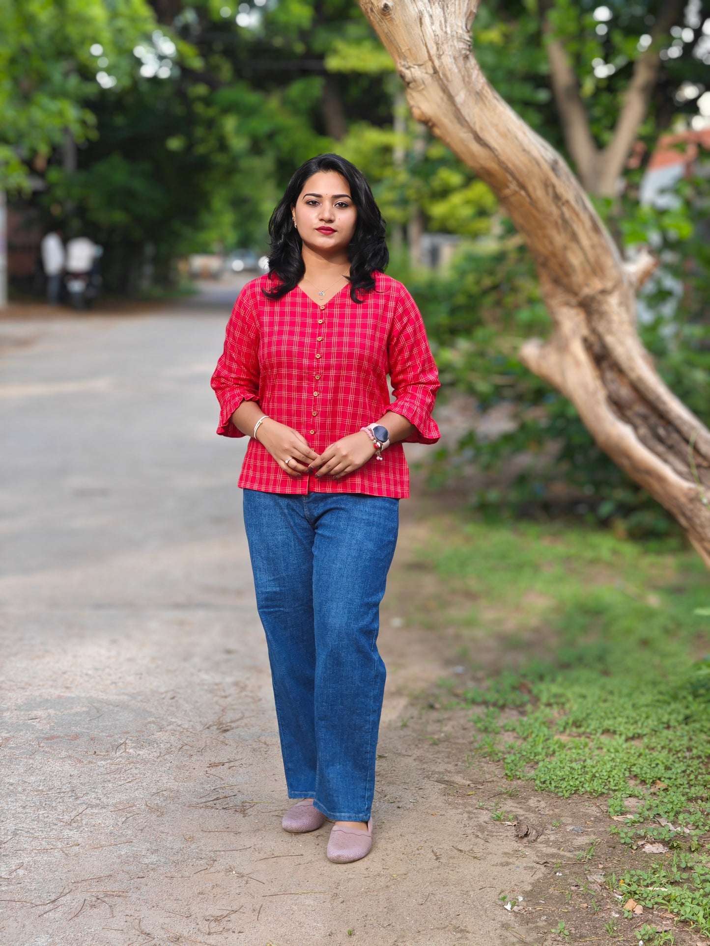 Red Cotton Checkered Regular Fit Top for Women – Sizes S to 3XL
