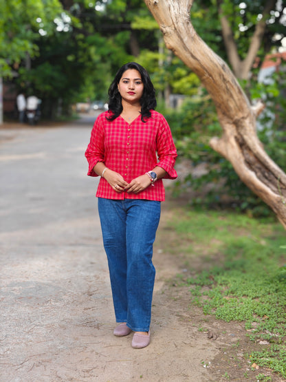 Red Cotton Checkered Regular Fit Top for Women – Sizes S to 3XL