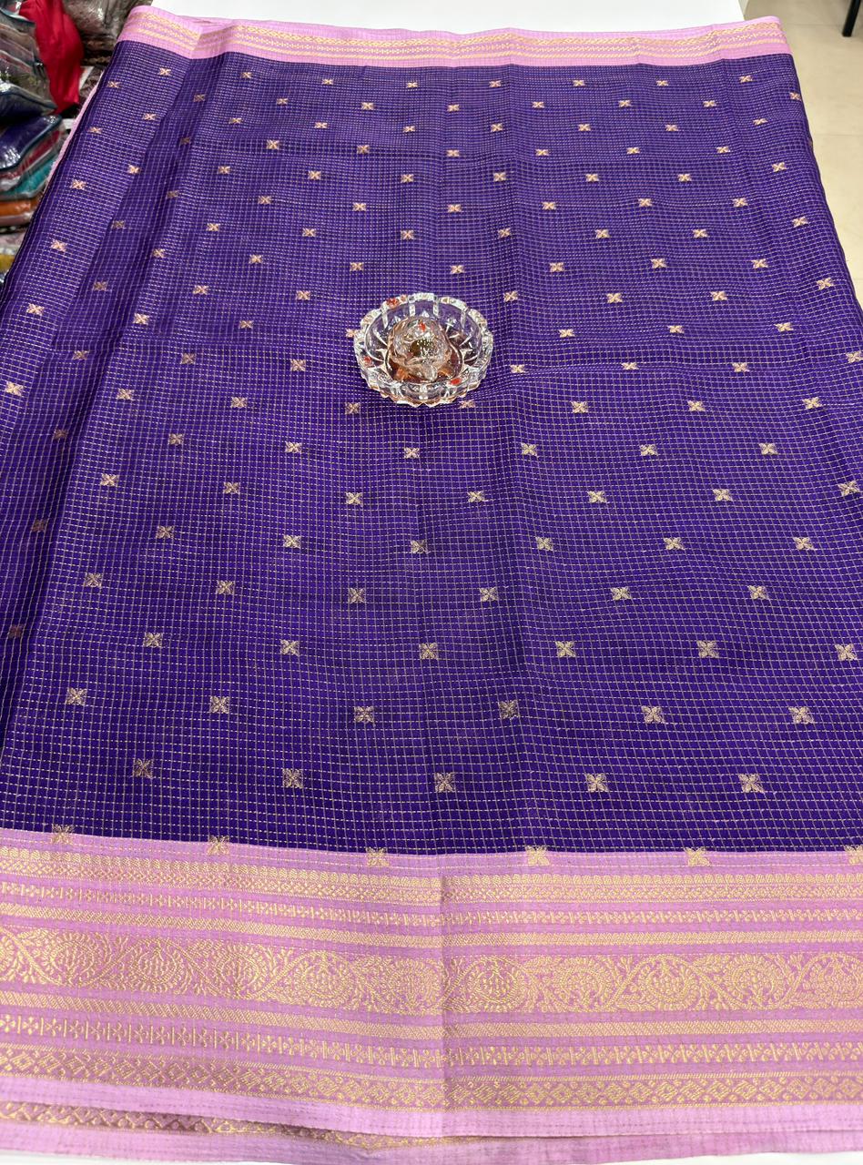 Munga pattu silk blend saree with small buti checks and zari border, women’s festive wear saree