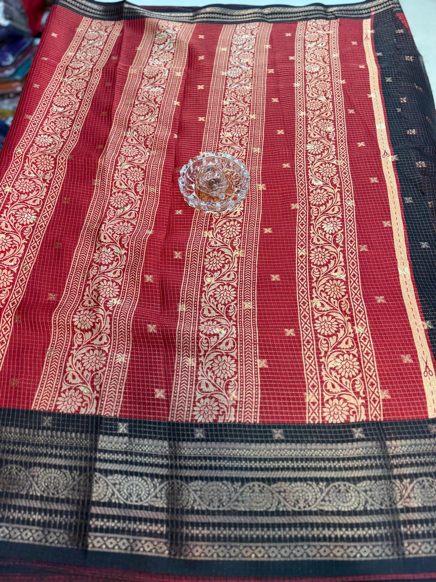 Munga pattu silk blend saree with small buti checks and zari border, women’s festive wear saree