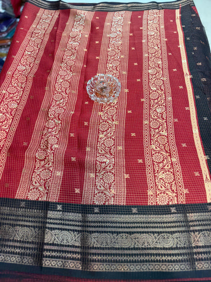 Munga pattu silk blend saree with small buti checks and zari border, women’s festive wear saree