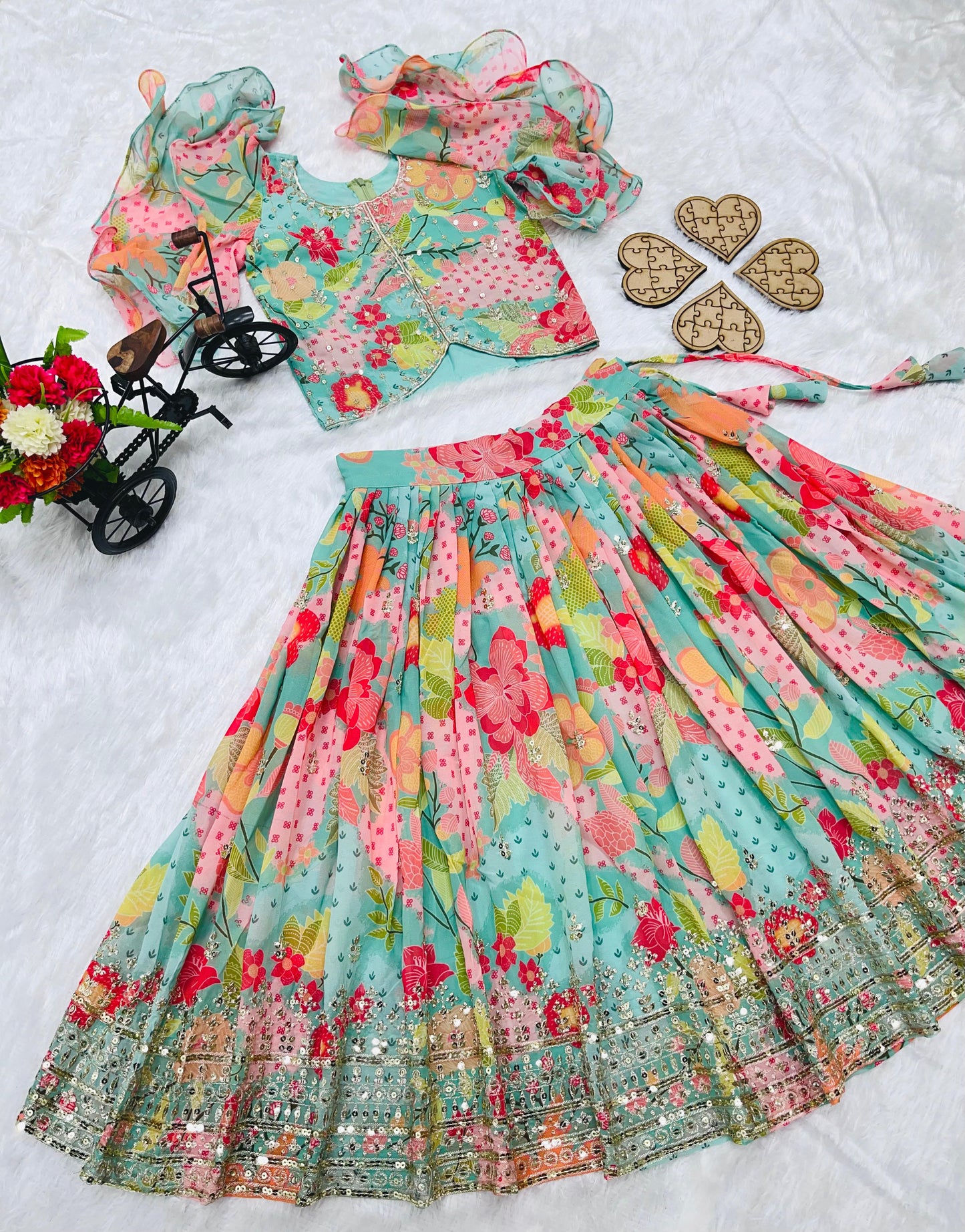 Girls’ Heavy Fox Georgette Lehenga Choli with Digital Print and Sequins Embroidery – Stitched Kids Ethnic Wear