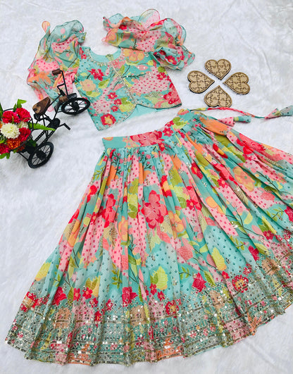 Girls’ Heavy Fox Georgette Lehenga Choli with Digital Print and Sequins Embroidery – Stitched Kids Ethnic Wear