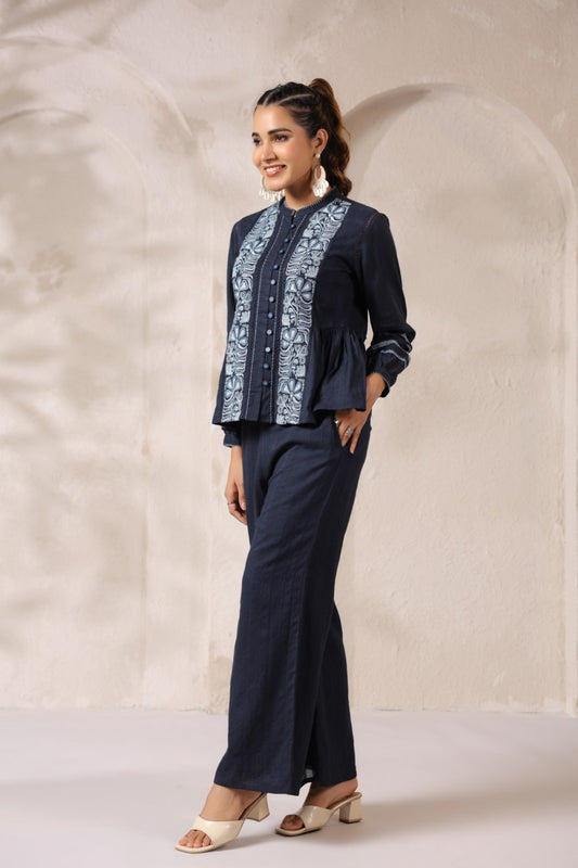 Women’s cotton hand-embroidered navy co-ord set with peplum top and straight pants, size 38–44