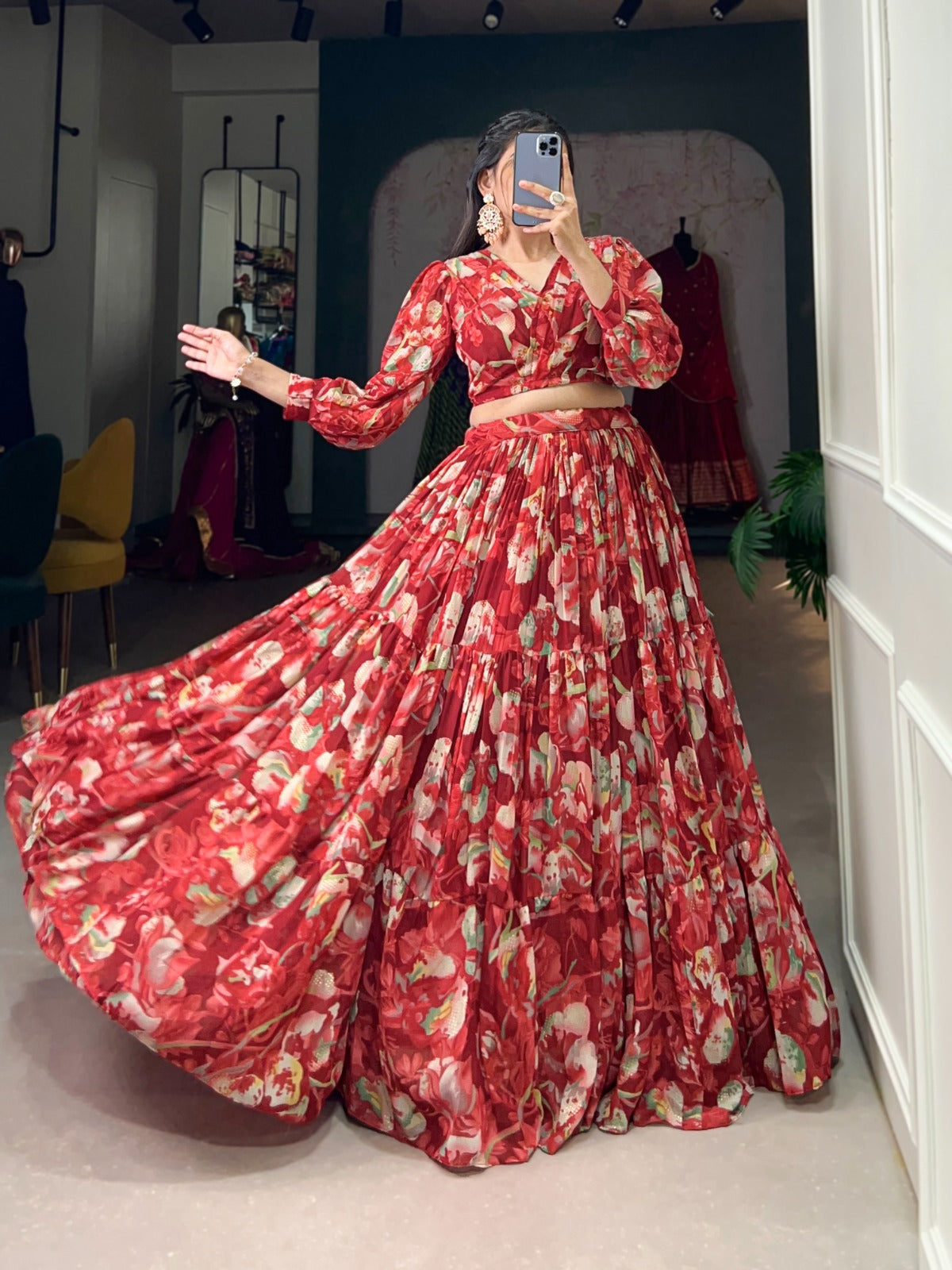 Georgette Chex Floral Print Co-ord Set with Lehenga and Blouse for Women – Stitched