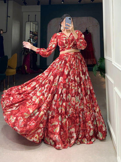 Georgette Chex Floral Print Co-ord Set with Lehenga and Blouse for Women – Stitched