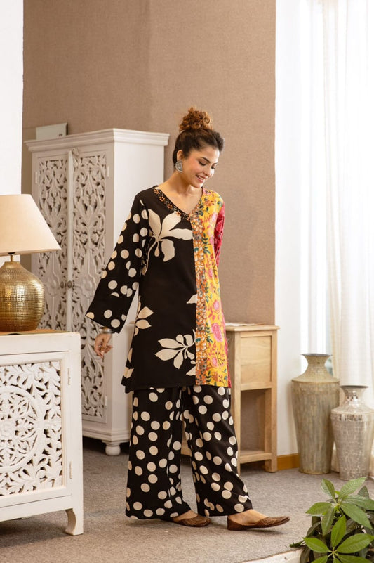 German rayon kurta palazzo set for women with printed detailing work