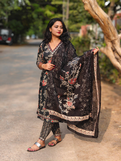 Cotton Afghani Suit Set with Embroidery and Printed Dupatta for Women – Sizes M to 3XL