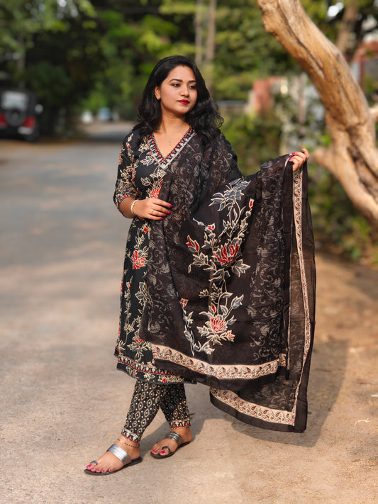 Cotton Afghani Suit Set with Embroidery and Printed Dupatta for Women – Sizes M to 3XL