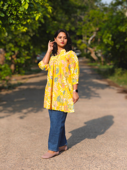 Women’s Long Yellow Floral Printed Kurti – Mandarin Collar – Sizes M, L & 2XL