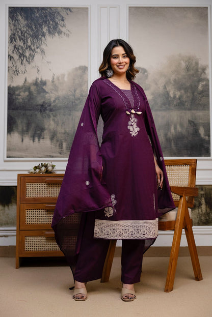 Women’s cotton 60x60 kurta pant dupatta set, wine plum, embroidered yoke with lace border, sizes M-3XL