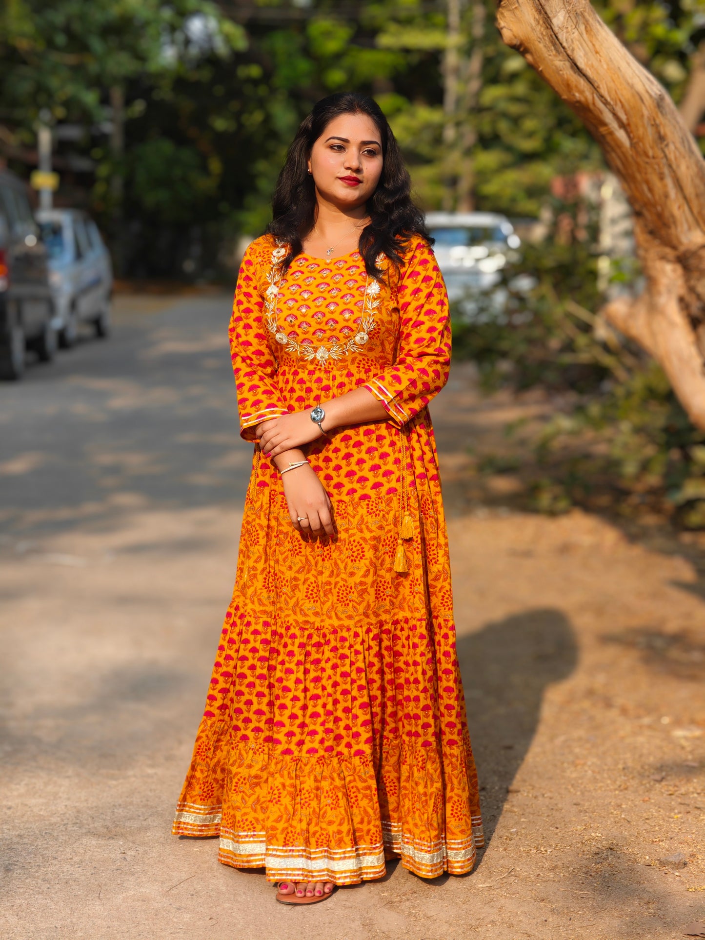 Women’s Cotton Floral Print Flared Maxi Dress with Embroidered Yoke – Sizes M to 2XL