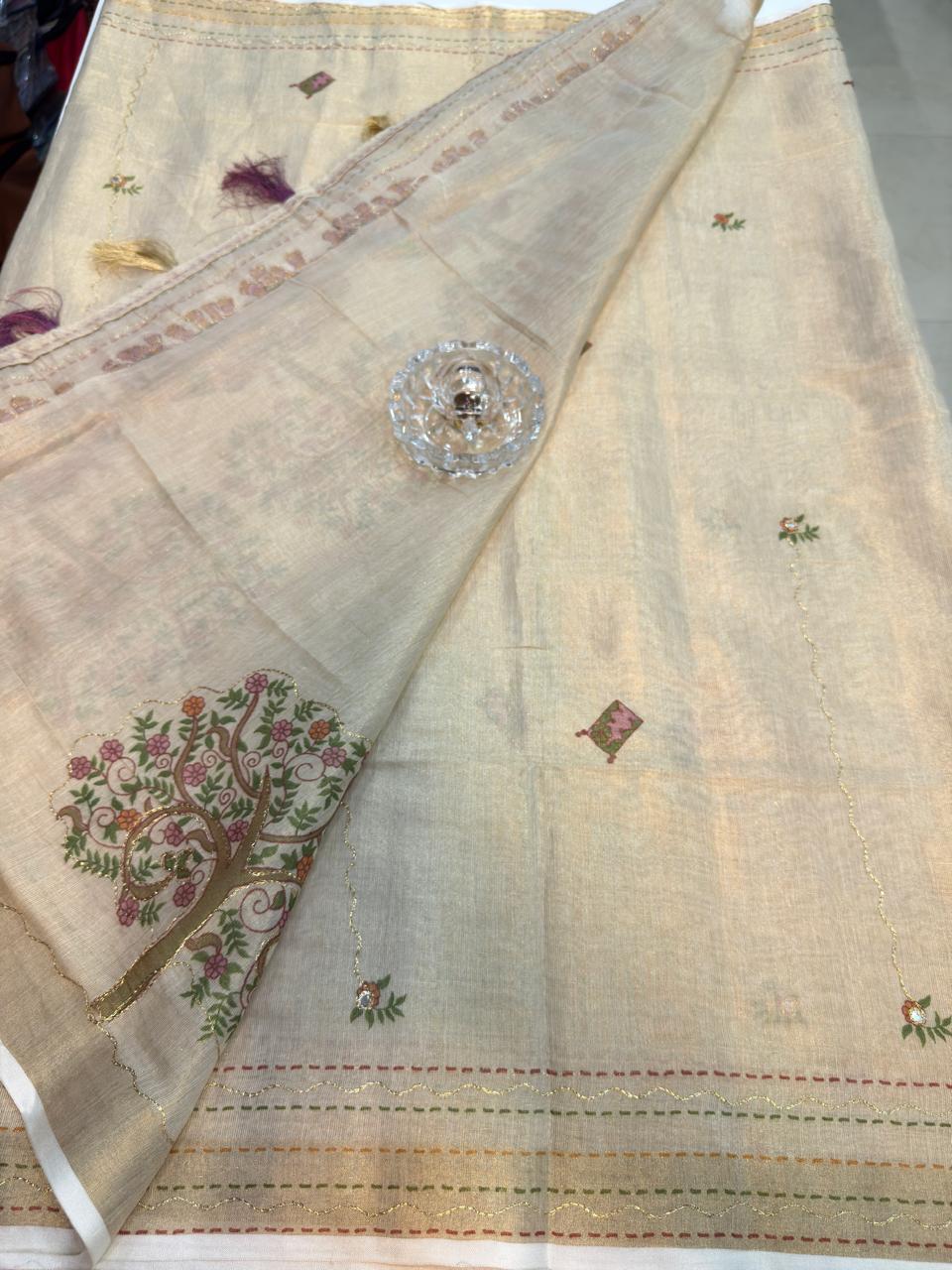 Erode Cotton Printed Saree with Aari Work and Tassel Pallu with Blouse Piece for Women