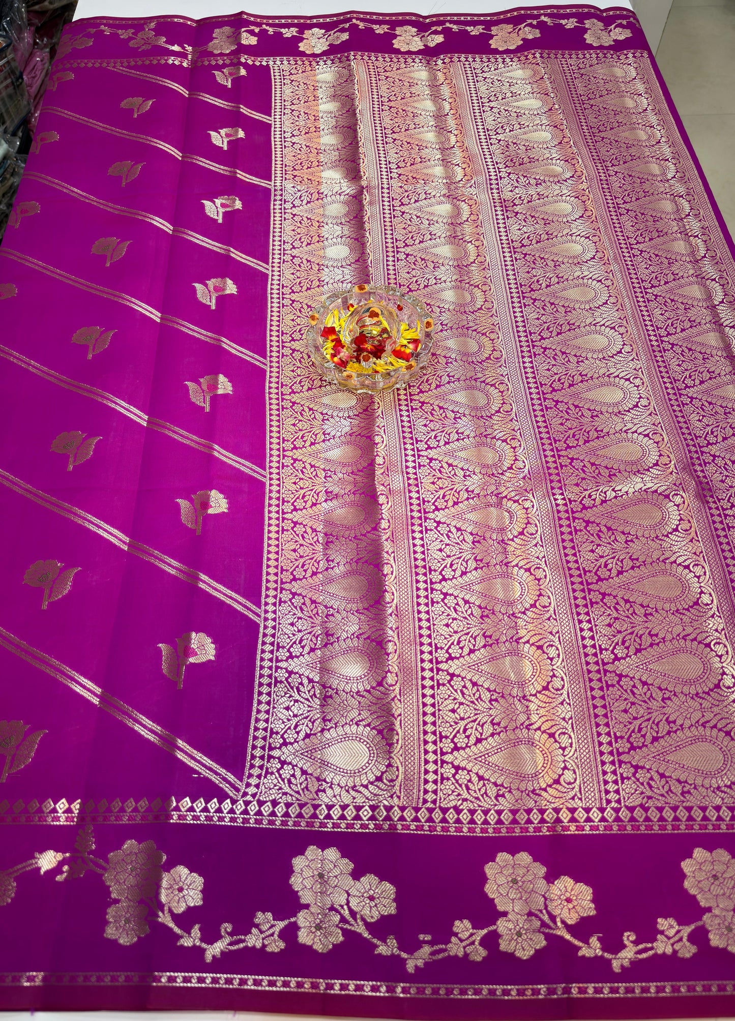 Banarasi Semi Katan Silk Saree for Women with Gold Zari Weaving, Meenakari Border and Blouse Piece