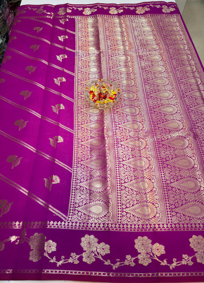 Banarasi Semi Katan Silk Saree for Women with Gold Zari Weaving, Meenakari Border and Blouse Piece