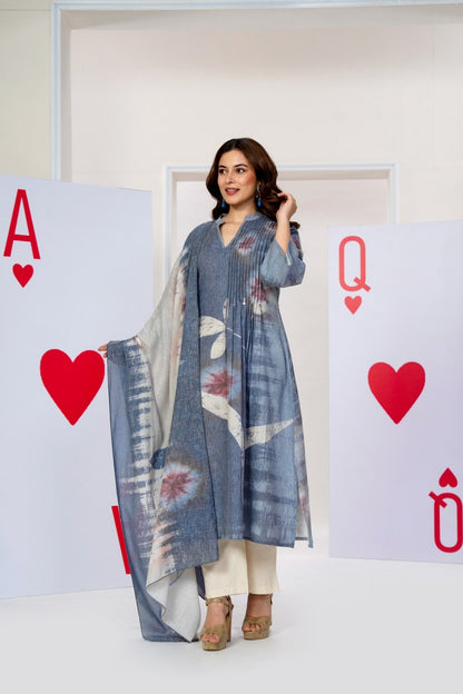 Cotton flex kurta pant dupatta set for women with detailing work, sizes 38 to 44, ethnic 3 piece suit set