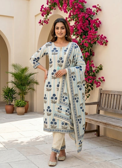 Block Printed Kurta Pant Dupatta Set for Women with Sequence Highlight Detailing and Floral Ethnic Design